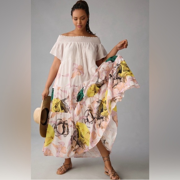 Anthropologie Maeve Pia Binazzi Tiered Off The Shoulder Dress in Novelty - SMALL - Picture 3 of 16